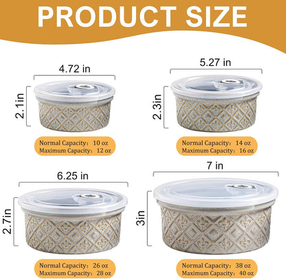 Ceramic Mixing Bowls with Lids Set of 4, Embossed Nesting Storage Bowls for Cooking, Serving, Salad, Popcorn etc, Microwave and Dishwasher Safe, Baking Dishes 12/16/28/40 oz (Gray)