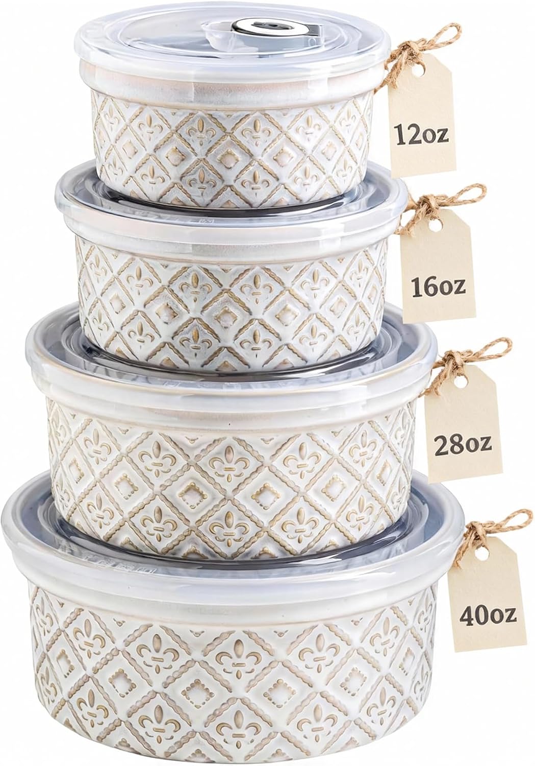 Ceramic Mixing Bowls with Lids Set of 4, Embossed Nesting Storage Bowls for Cooking, Serving, Salad, Popcorn etc, Microwave and Dishwasher Safe, Baking Dishes 12/16/28/40 oz (Gray)