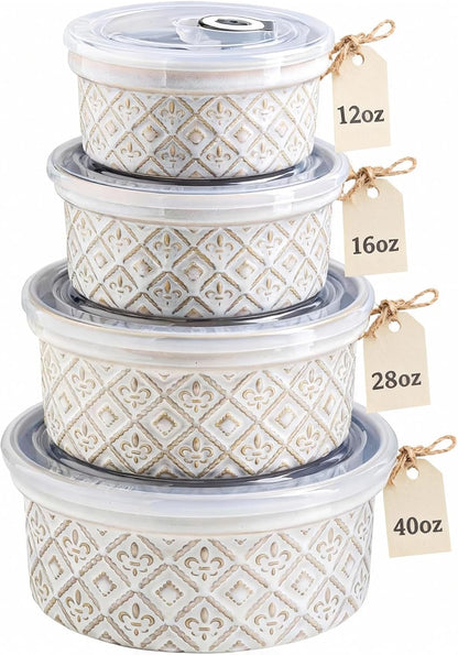 Ceramic Mixing Bowls with Lids Set of 4, Embossed Nesting Storage Bowls for Cooking, Serving, Salad, Popcorn etc, Microwave and Dishwasher Safe, Baking Dishes 12/16/28/40 oz (Gray)