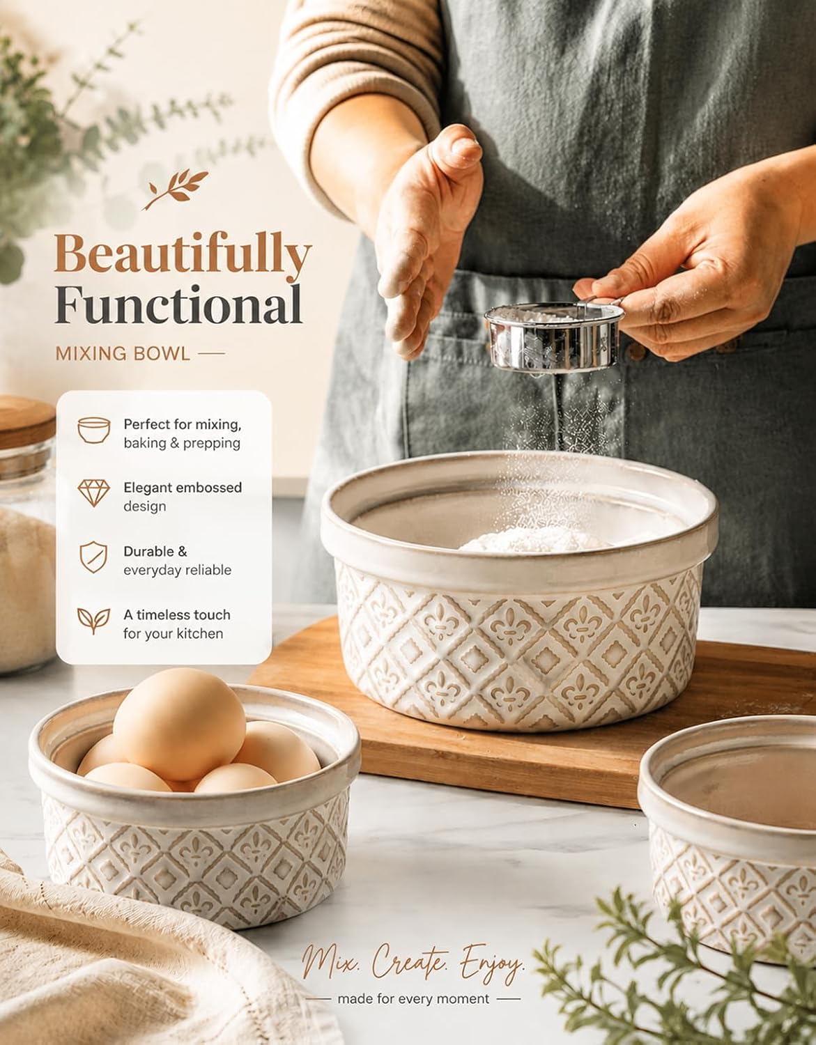 Ceramic Mixing Bowls with Lids Set of 4, Embossed Nesting Storage Bowls for Cooking, Serving, Salad, Popcorn etc, Microwave and Dishwasher Safe, Baking Dishes 12/16/28/40 oz (Gray)
