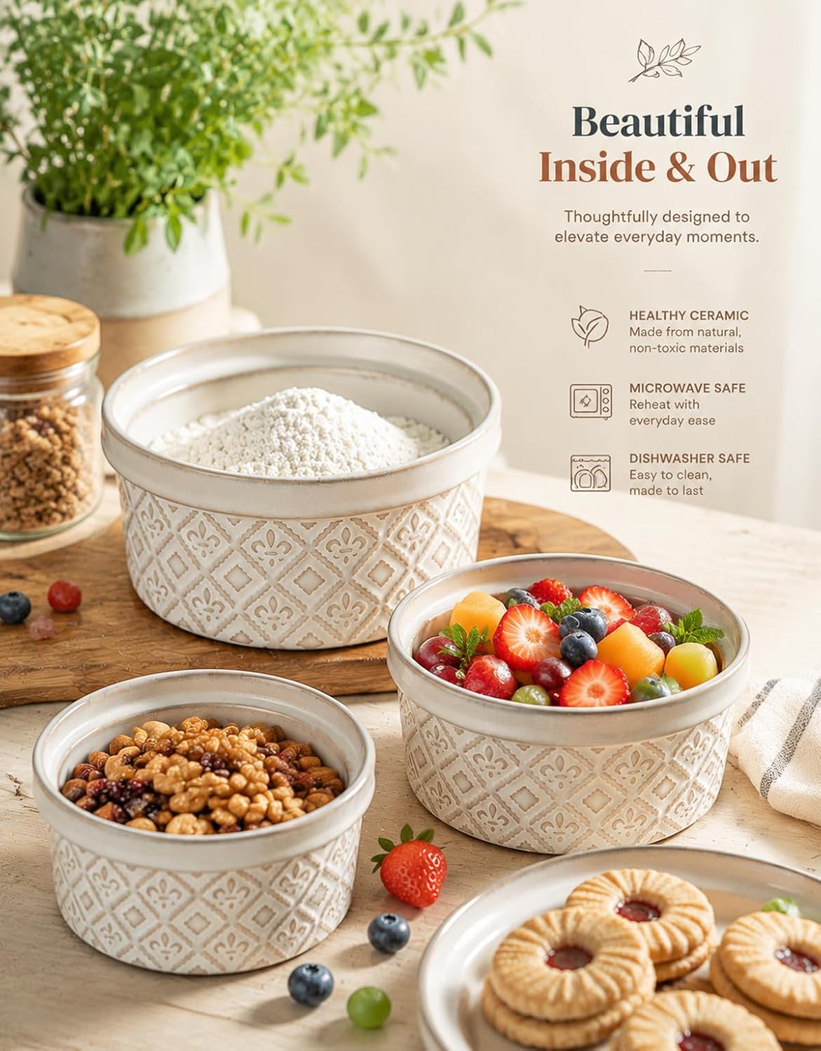 Ceramic Mixing Bowls with Lids Set of 4, Embossed Nesting Storage Bowls for Cooking, Serving, Salad, Popcorn etc, Microwave and Dishwasher Safe, Baking Dishes 12/16/28/40 oz (Gray)
