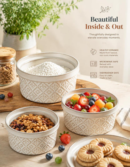 Ceramic Mixing Bowls with Lids Set of 4, Embossed Nesting Storage Bowls for Cooking, Serving, Salad, Popcorn etc, Microwave and Dishwasher Safe, Baking Dishes 12/16/28/40 oz (Gray)