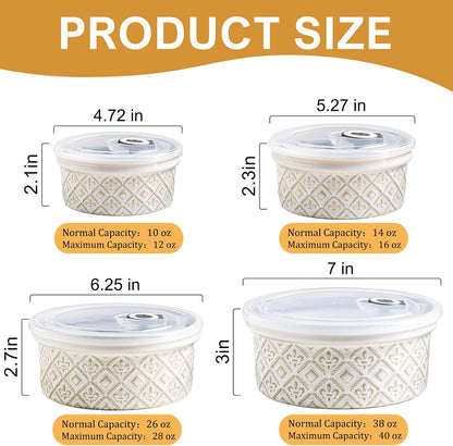 Ceramic Mixing Bowls with Lids Set of 4, Embossed Nesting Storage Bowls for Cooking, Serving, Salad, Popcorn etc, Microwave and Dishwasher Safe, Baking Dishes 12/16/28/40 oz (Gray)