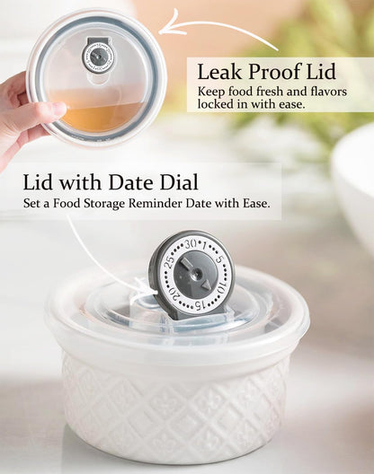 Ceramic Mixing Bowls with Lids Set of 4, Embossed Nesting Storage Bowls for Cooking, Serving, Salad, Popcorn etc, Microwave and Dishwasher Safe, Baking Dishes 12/16/28/40 oz (Gray)