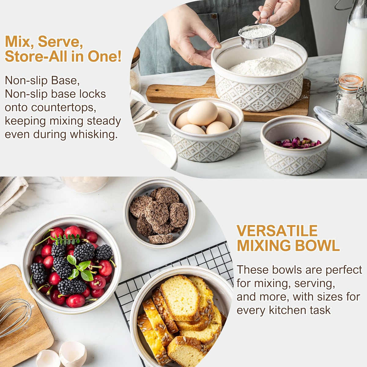 Ceramic Mixing Bowls with Lids Set of 4, Embossed Nesting Storage Bowls for Cooking, Serving, Salad, Popcorn etc, Microwave and Dishwasher Safe, Baking Dishes 12/16/28/40 oz (Gray)