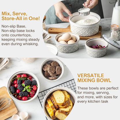 Ceramic Mixing Bowls with Lids Set of 4, Embossed Nesting Storage Bowls for Cooking, Serving, Salad, Popcorn etc, Microwave and Dishwasher Safe, Baking Dishes 12/16/28/40 oz (Gray)