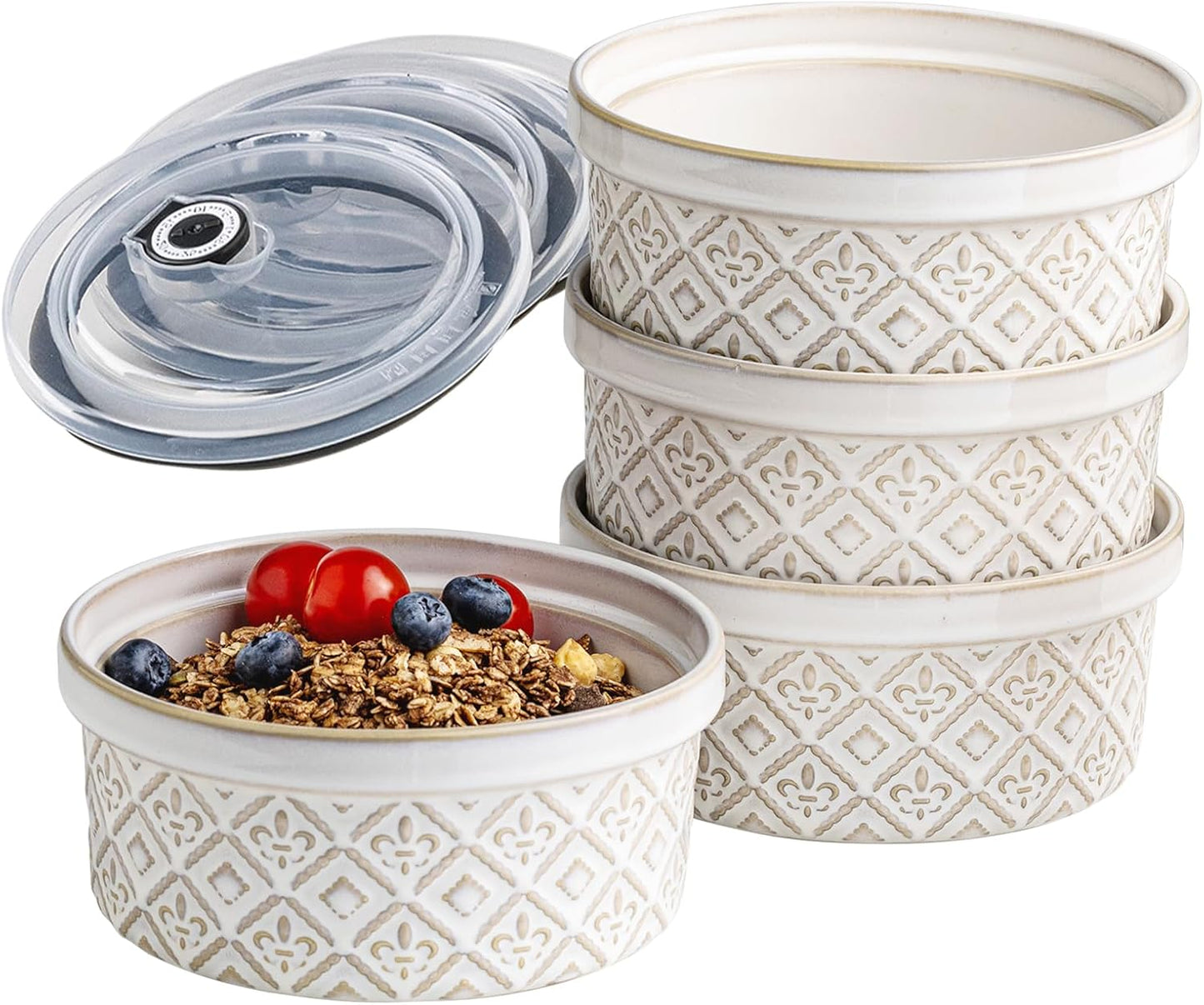 Ceramic Mixing Bowls with Lids Set of 4, Embossed Nesting Storage Bowls for Cooking, Serving, Salad, Popcorn etc, Microwave and Dishwasher Safe, Baking Dishes 12/16/28/40 oz (Gray)