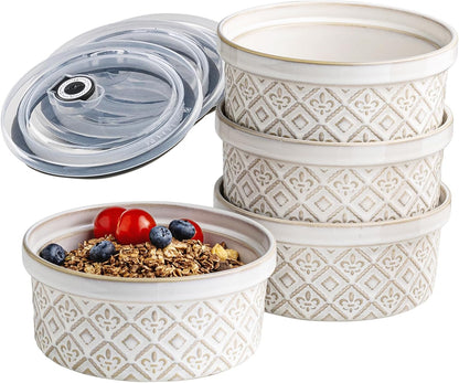 Ceramic Mixing Bowls with Lids Set of 4, Embossed Nesting Storage Bowls for Cooking, Serving, Salad, Popcorn etc, Microwave and Dishwasher Safe, Baking Dishes 12/16/28/40 oz (Gray)