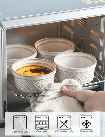 Ceramic Mixing Bowls with Lids Set of 4, Embossed Nesting Storage Bowls for Cooking, Serving, Salad, Popcorn etc, Microwave and Dishwasher Safe, Baking Dishes 12/16/28/40 oz (Gray)