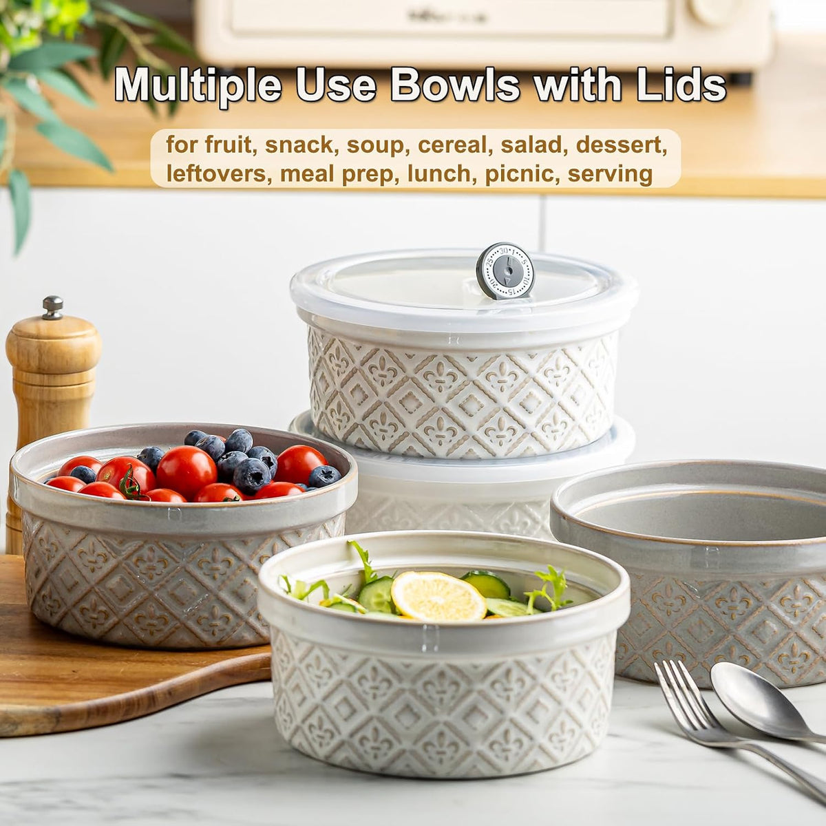 Ceramic Mixing Bowls with Lids Set of 4, Embossed Nesting Storage Bowls for Cooking, Serving, Salad, Popcorn etc, Microwave and Dishwasher Safe, Baking Dishes 12/16/28/40 oz (Gray)