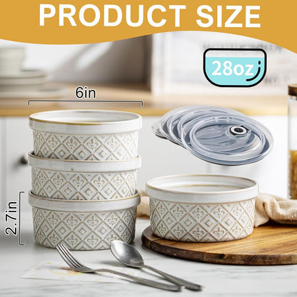 Ceramic Mixing Bowls with Lids Set of 4, Embossed Nesting Storage Bowls for Cooking, Serving, Salad, Popcorn etc, Microwave and Dishwasher Safe, Baking Dishes 12/16/28/40 oz (Gray)