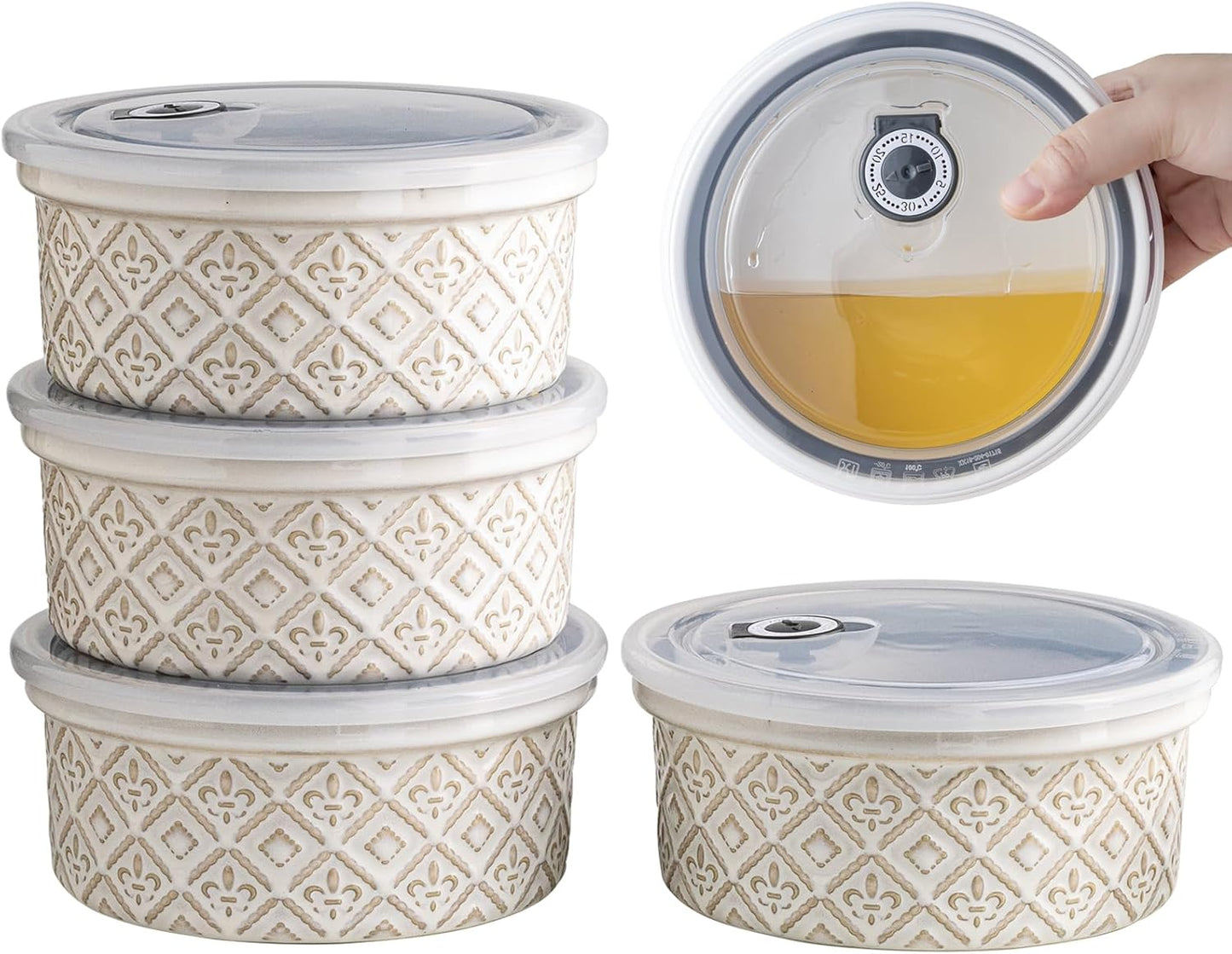 Ceramic Mixing Bowls with Lids Set of 4, Embossed Nesting Storage Bowls for Cooking, Serving, Salad, Popcorn etc, Microwave and Dishwasher Safe, Baking Dishes 12/16/28/40 oz (Gray)
