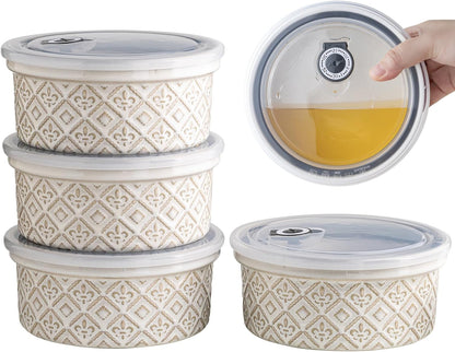 Ceramic Mixing Bowls with Lids Set of 4, Embossed Nesting Storage Bowls for Cooking, Serving, Salad, Popcorn etc, Microwave and Dishwasher Safe, Baking Dishes 12/16/28/40 oz (Gray)