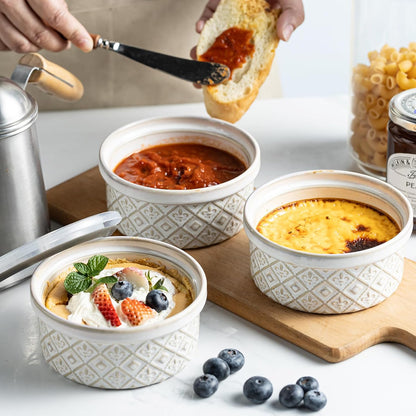 Ceramic Mixing Bowls with Lids Set of 4, Embossed Nesting Storage Bowls for Cooking, Serving, Salad, Popcorn etc, Microwave and Dishwasher Safe, Baking Dishes 12/16/28/40 oz (Gray)