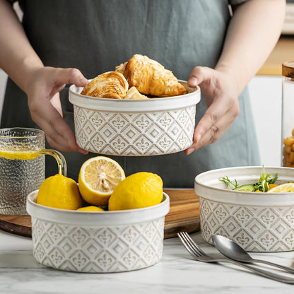 Ceramic Mixing Bowls with Lids Set of 4, Embossed Nesting Storage Bowls for Cooking, Serving, Salad, Popcorn etc, Microwave and Dishwasher Safe, Baking Dishes 12/16/28/40 oz (Gray)