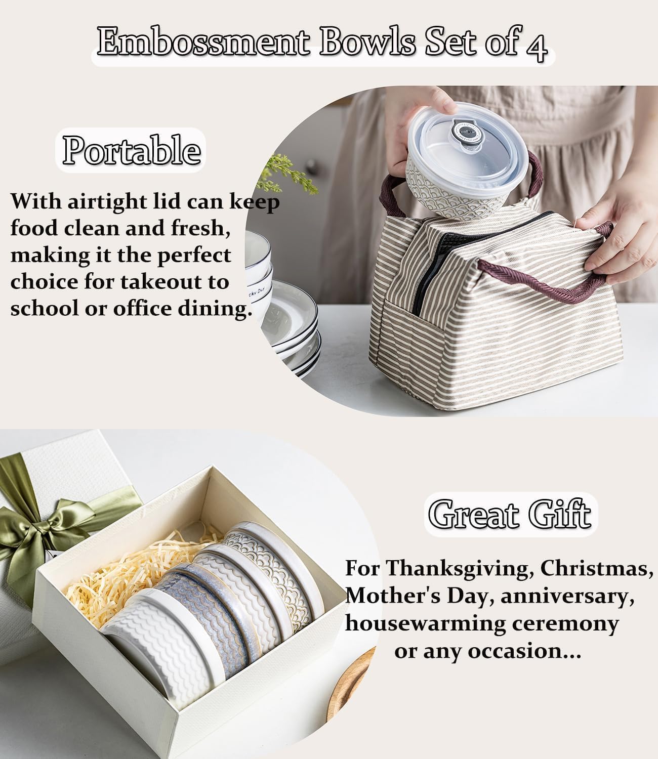 Ceramic Mixing Bowls with Lids Set of 4, Embossed Nesting Storage Bowls for Cooking, Serving, Salad, Popcorn etc, Microwave and Dishwasher Safe, Baking Dishes 12/16/28/40 oz (Gray)
