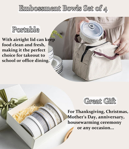 Ceramic Mixing Bowls with Lids Set of 4, Embossed Nesting Storage Bowls for Cooking, Serving, Salad, Popcorn etc, Microwave and Dishwasher Safe, Baking Dishes 12/16/28/40 oz (Gray)