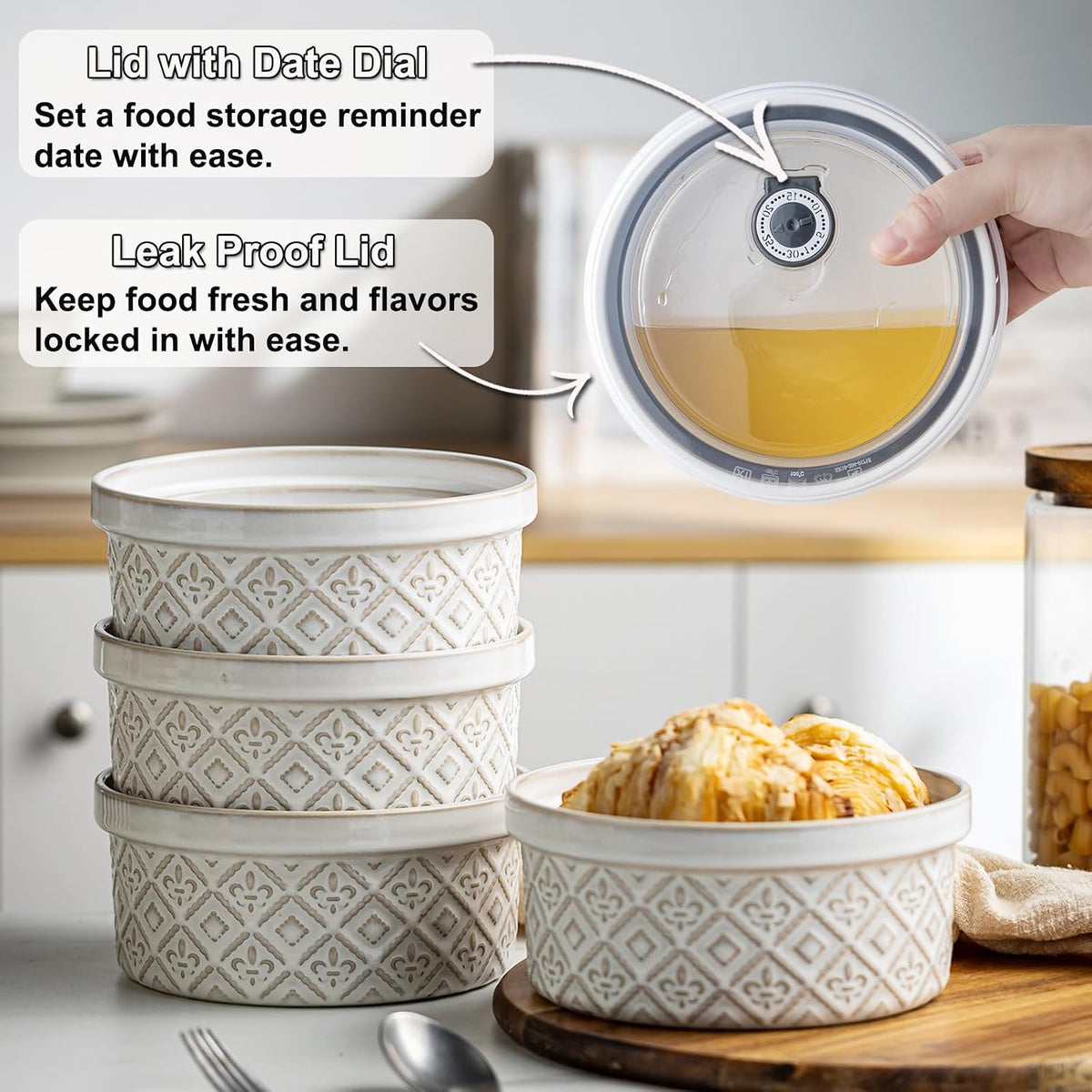 Ceramic Mixing Bowls with Lids Set of 4, Embossed Nesting Storage Bowls for Cooking, Serving, Salad, Popcorn etc, Microwave and Dishwasher Safe, Baking Dishes 12/16/28/40 oz (Gray)