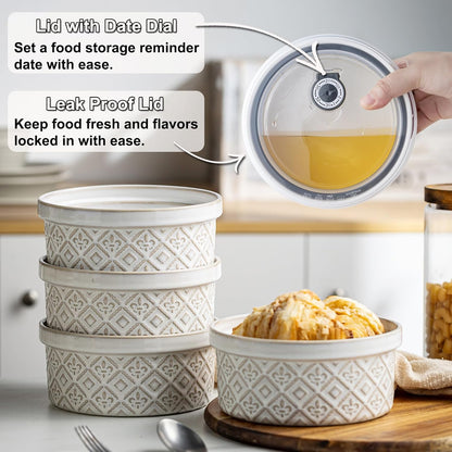Ceramic Mixing Bowls with Lids Set of 4, Embossed Nesting Storage Bowls for Cooking, Serving, Salad, Popcorn etc, Microwave and Dishwasher Safe, Baking Dishes 12/16/28/40 oz (Gray)