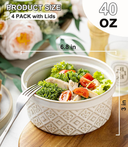 Ceramic Mixing Bowls with Lids Set of 4, Embossed Nesting Storage Bowls for Cooking, Serving, Salad, Popcorn etc, Microwave and Dishwasher Safe, Baking Dishes 12/16/28/40 oz (Gray)