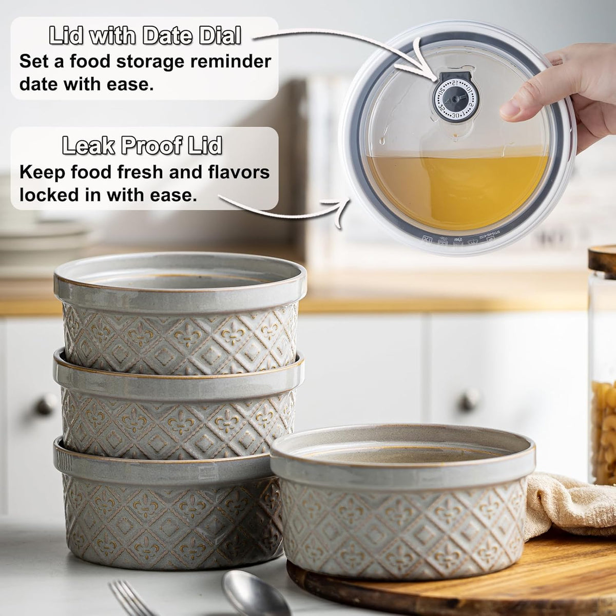 Ceramic Mixing Bowls with Lids Set of 4, Embossed Nesting Storage Bowls for Cooking, Serving, Salad, Popcorn etc, Microwave and Dishwasher Safe, Baking Dishes 12/16/28/40 oz (Gray)