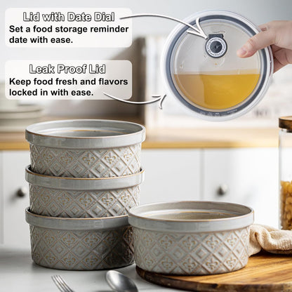 Ceramic Mixing Bowls with Lids Set of 4, Embossed Nesting Storage Bowls for Cooking, Serving, Salad, Popcorn etc, Microwave and Dishwasher Safe, Baking Dishes 12/16/28/40 oz (Gray)