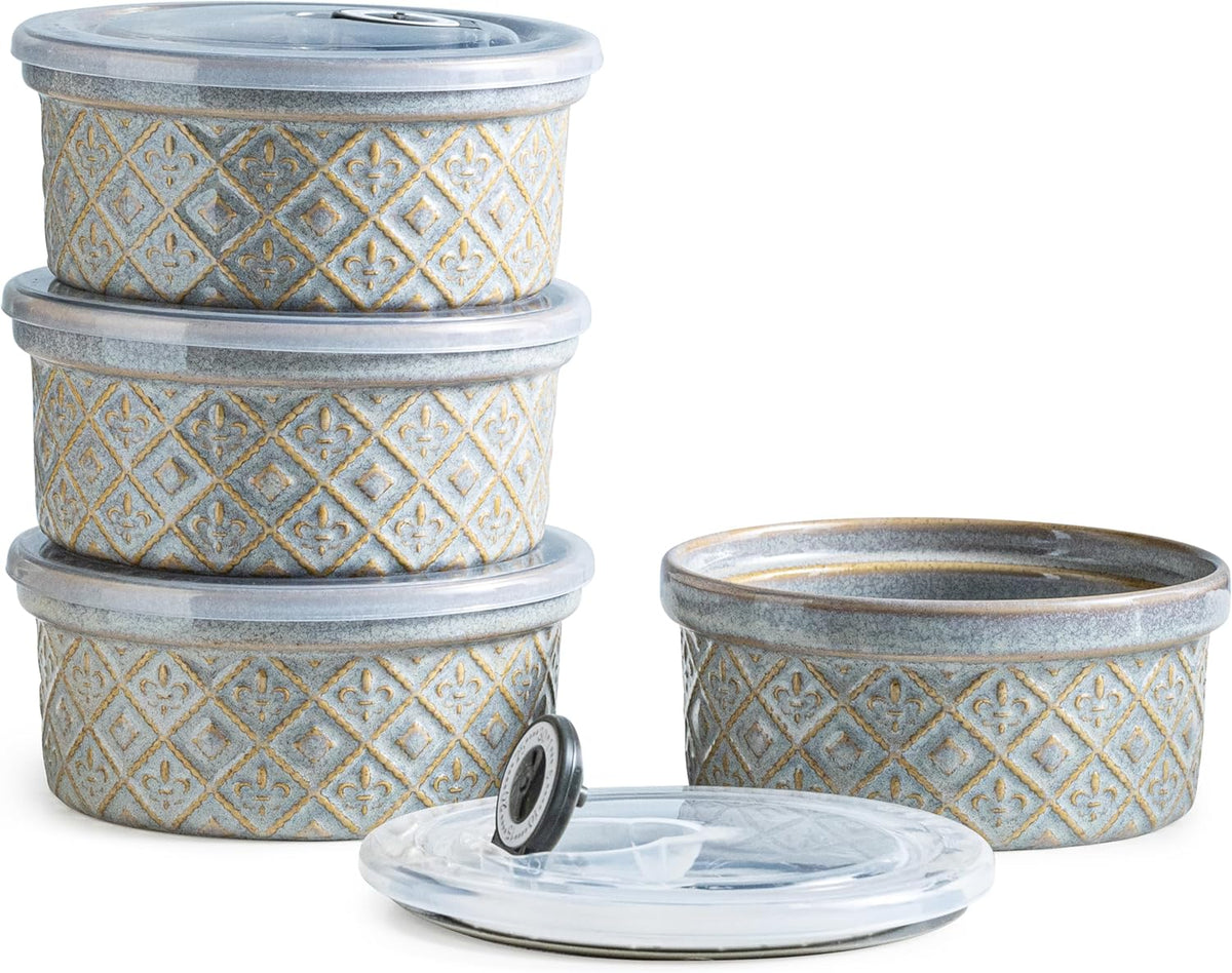 Ceramic Mixing Bowls with Lids Set of 4, Embossed Nesting Storage Bowls for Cooking, Serving, Salad, Popcorn etc, Microwave and Dishwasher Safe, Baking Dishes 12/16/28/40 oz (Gray)