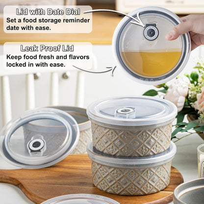 Ceramic Mixing Bowls with Lids Set of 4, Embossed Nesting Storage Bowls for Cooking, Serving, Salad, Popcorn etc, Microwave and Dishwasher Safe, Baking Dishes 12/16/28/40 oz (Gray)