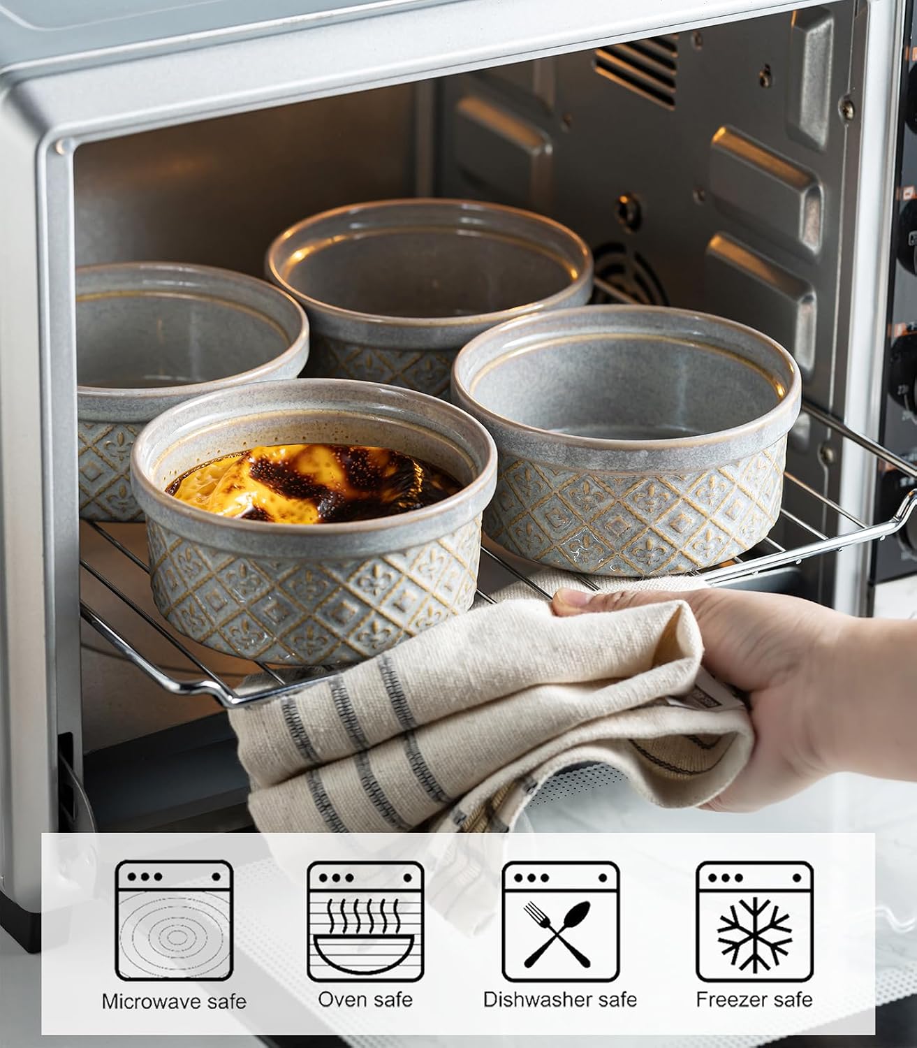 Ceramic Mixing Bowls with Lids Set of 4, Embossed Nesting Storage Bowls for Cooking, Serving, Salad, Popcorn etc, Microwave and Dishwasher Safe, Baking Dishes 12/16/28/40 oz (Gray)