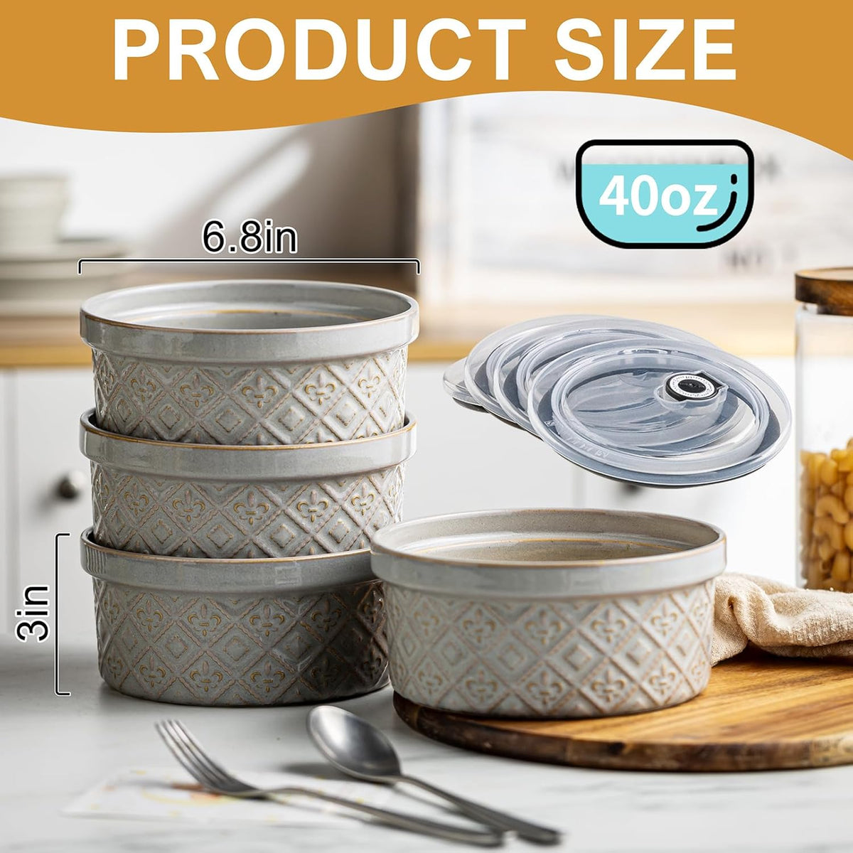 Ceramic Mixing Bowls with Lids Set of 4, Embossed Nesting Storage Bowls for Cooking, Serving, Salad, Popcorn etc, Microwave and Dishwasher Safe, Baking Dishes 12/16/28/40 oz (Gray)