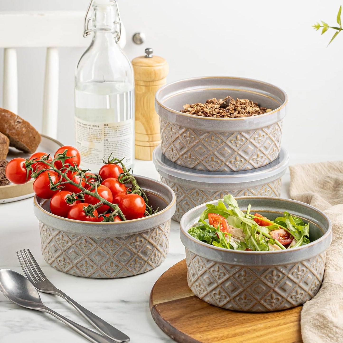 Ceramic Mixing Bowls with Lids Set of 4, Embossed Nesting Storage Bowls for Cooking, Serving, Salad, Popcorn etc, Microwave and Dishwasher Safe, Baking Dishes 12/16/28/40 oz (Gray)