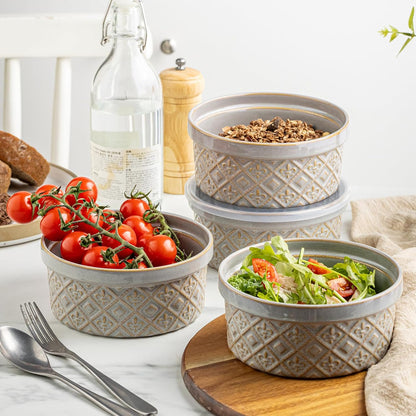 Ceramic Mixing Bowls with Lids Set of 4, Embossed Nesting Storage Bowls for Cooking, Serving, Salad, Popcorn etc, Microwave and Dishwasher Safe, Baking Dishes 12/16/28/40 oz (Gray)