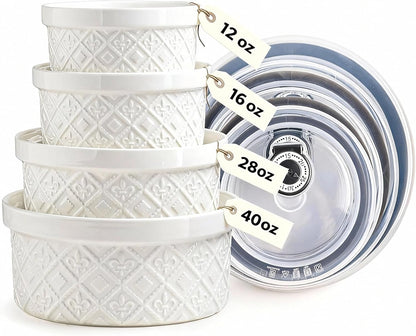 Ceramic Mixing Bowls with Lids Set of 4, Embossed Nesting Storage Bowls for Cooking, Serving, Salad, Popcorn etc, Microwave and Dishwasher Safe, Baking Dishes 12/16/28/40 oz (Gray)