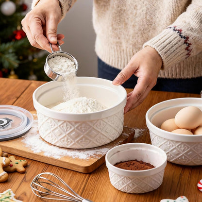 Ceramic Mixing Bowls with Lids Set of 4, Embossed Nesting Storage Bowls for Cooking, Serving, Salad, Popcorn etc, Microwave and Dishwasher Safe, Baking Dishes 12/16/28/40 oz (Gray)
