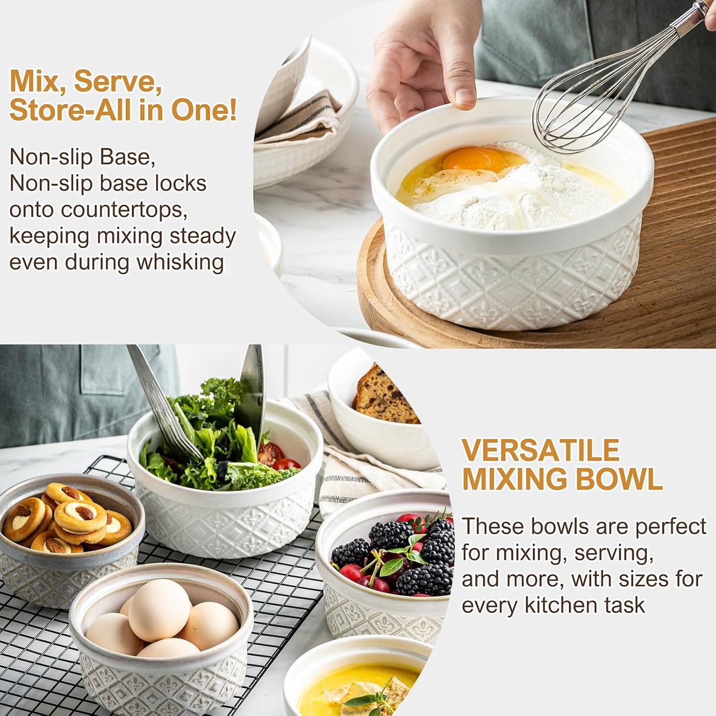 Ceramic Mixing Bowls with Lids Set of 4, Embossed Nesting Storage Bowls for Cooking, Serving, Salad, Popcorn etc, Microwave and Dishwasher Safe, Baking Dishes 12/16/28/40 oz (Gray)