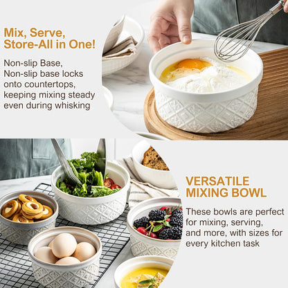 Ceramic Mixing Bowls with Lids Set of 4, Embossed Nesting Storage Bowls for Cooking, Serving, Salad, Popcorn etc, Microwave and Dishwasher Safe, Baking Dishes 12/16/28/40 oz (Gray)