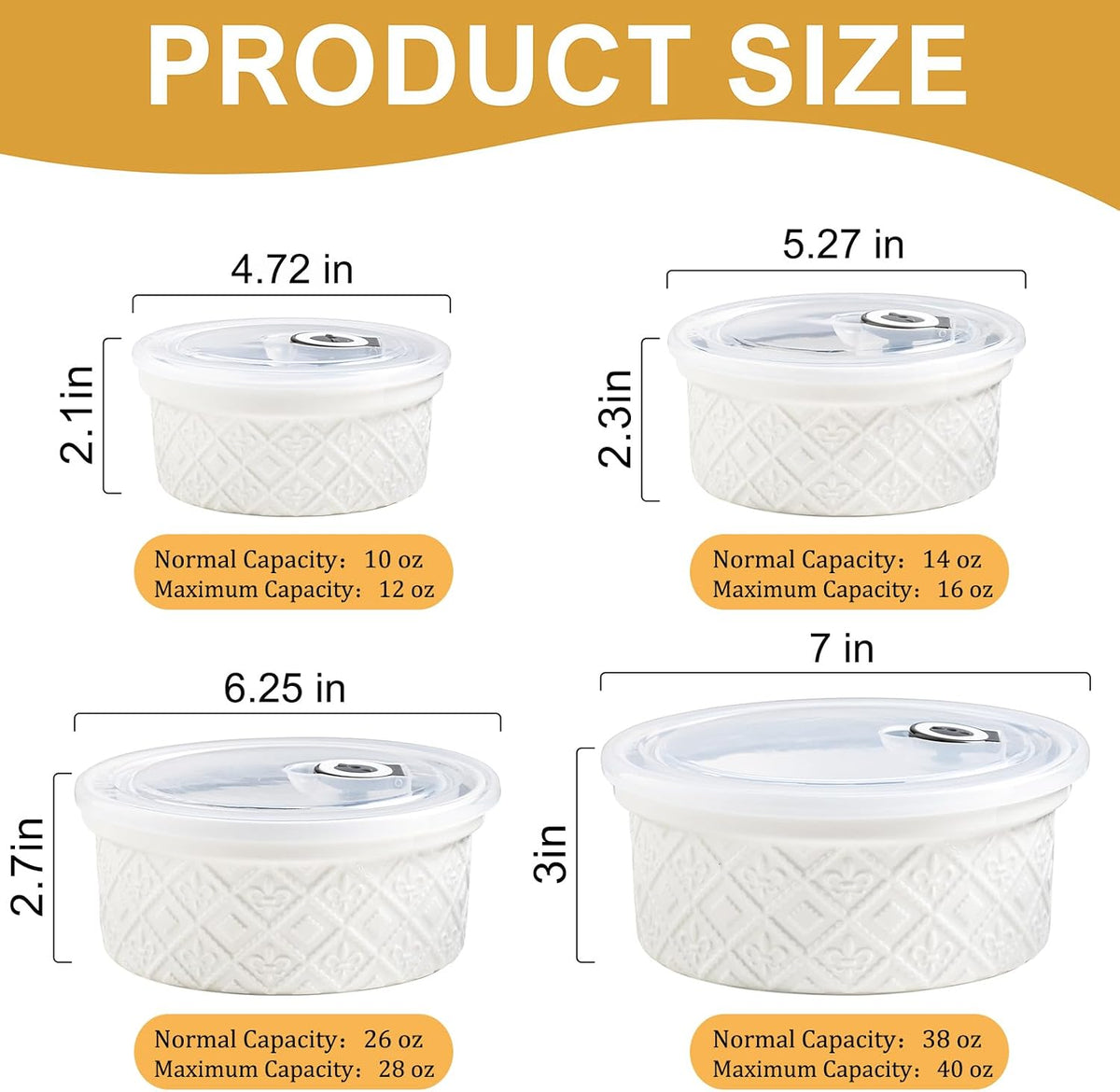 Ceramic Mixing Bowls with Lids Set of 4, Embossed Nesting Storage Bowls for Cooking, Serving, Salad, Popcorn etc, Microwave and Dishwasher Safe, Baking Dishes 12/16/28/40 oz (Gray)