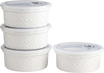 Ceramic Mixing Bowls with Lids Set of 4, Embossed Nesting Storage Bowls for Cooking, Serving, Salad, Popcorn etc, Microwave and Dishwasher Safe, Baking Dishes 12/16/28/40 oz (Gray)