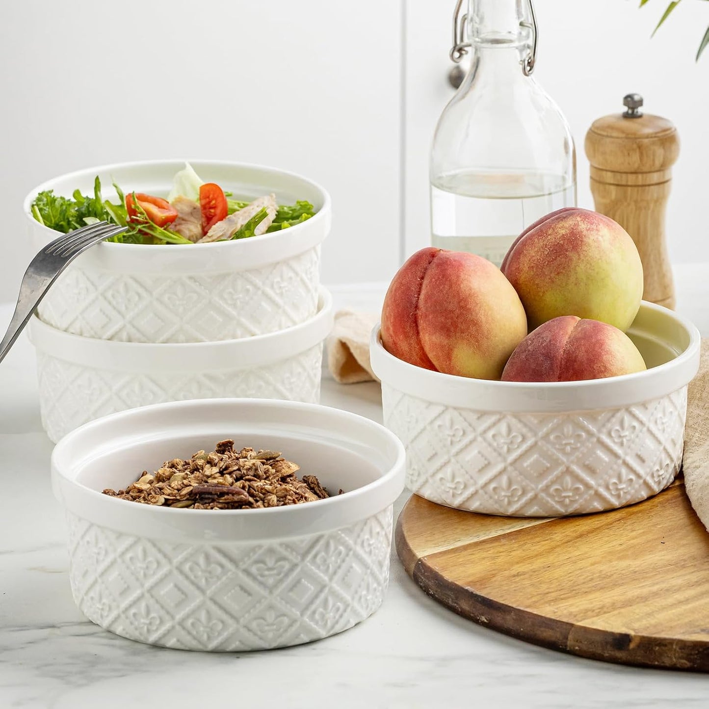 Ceramic Mixing Bowls with Lids Set of 4, Embossed Nesting Storage Bowls for Cooking, Serving, Salad, Popcorn etc, Microwave and Dishwasher Safe, Baking Dishes 12/16/28/40 oz (Gray)