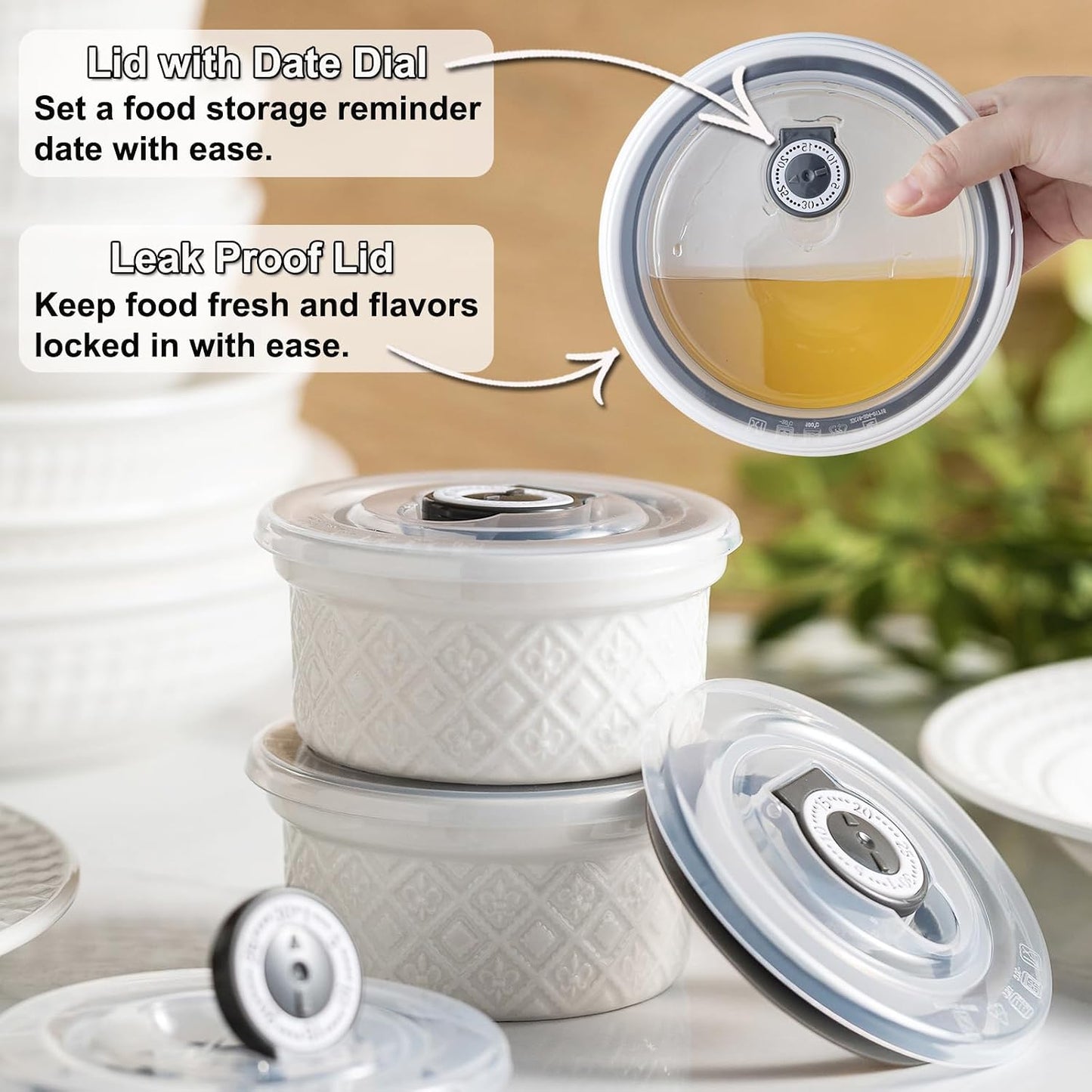 Ceramic Mixing Bowls with Lids Set of 4, Embossed Nesting Storage Bowls for Cooking, Serving, Salad, Popcorn etc, Microwave and Dishwasher Safe, Baking Dishes 12/16/28/40 oz (Gray)
