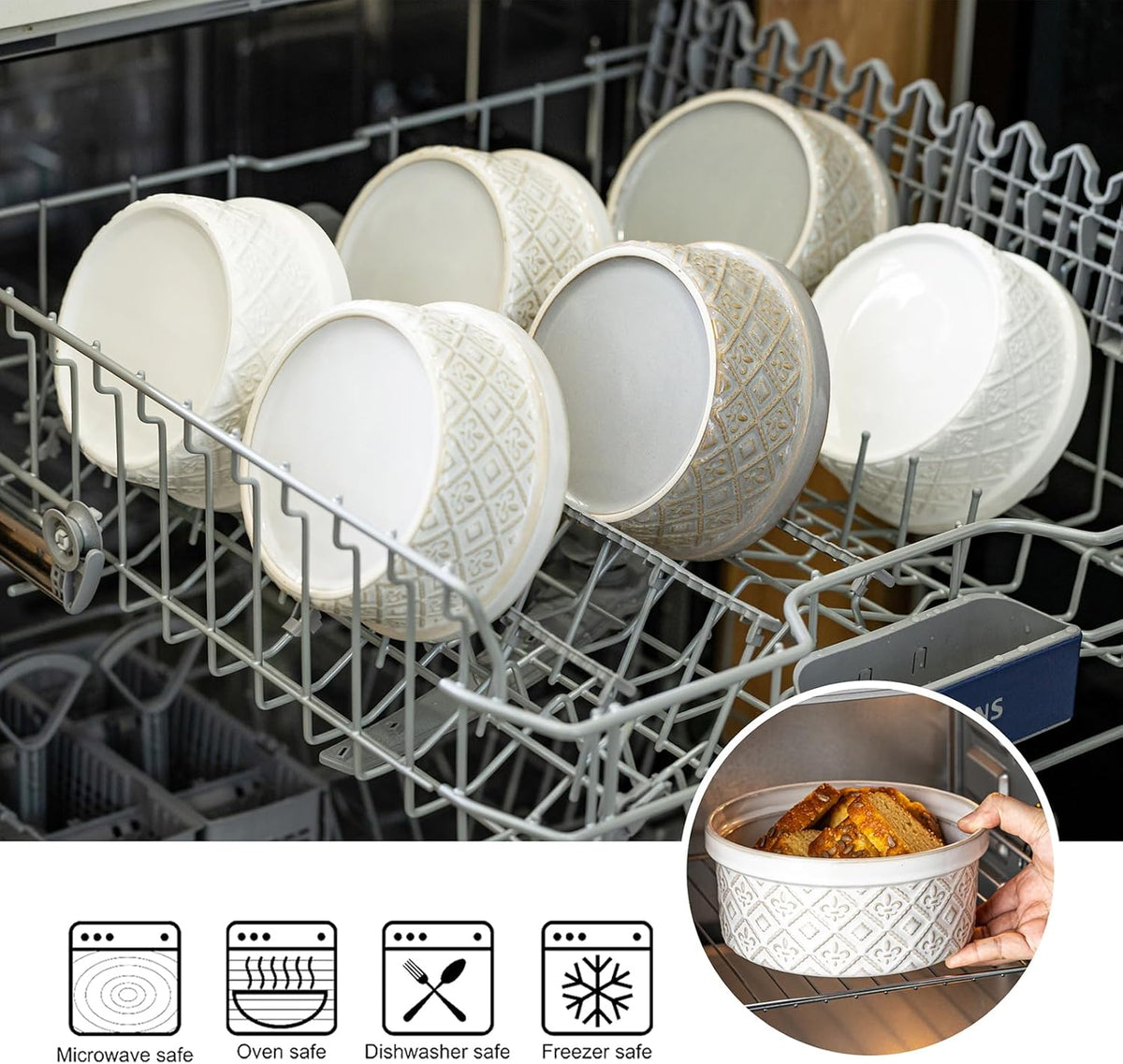 Ceramic Mixing Bowls with Lids Set of 4, Embossed Nesting Storage Bowls for Cooking, Serving, Salad, Popcorn etc, Microwave and Dishwasher Safe, Baking Dishes 12/16/28/40 oz (Gray)