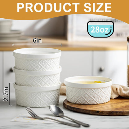 Ceramic Mixing Bowls with Lids Set of 4, Embossed Nesting Storage Bowls for Cooking, Serving, Salad, Popcorn etc, Microwave and Dishwasher Safe, Baking Dishes 12/16/28/40 oz (Gray)