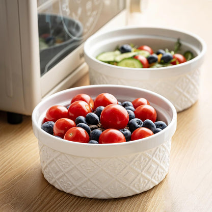 Ceramic Mixing Bowls with Lids Set of 4, Embossed Nesting Storage Bowls for Cooking, Serving, Salad, Popcorn etc, Microwave and Dishwasher Safe, Baking Dishes 12/16/28/40 oz (Gray)