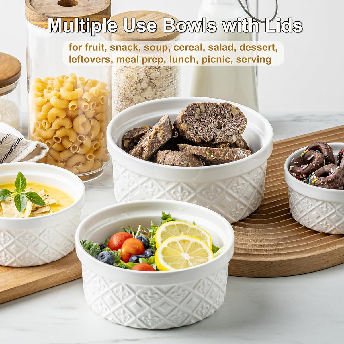 Ceramic Mixing Bowls with Lids Set of 4, Embossed Nesting Storage Bowls for Cooking, Serving, Salad, Popcorn etc, Microwave and Dishwasher Safe, Baking Dishes 12/16/28/40 oz (Gray)