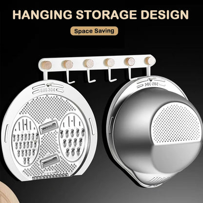 Rice Washer Strainer Bowl with Grater, Multipurse Stainless Steel Rice Colander with Side Drainer for Cleaning Quinoa, Fruits, Vegetables, Bean Versatile Kitchen Tool