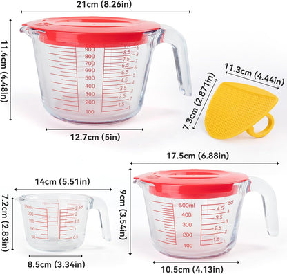 6 Pieces Glass Measuring Cups Set, 1-Cup, 2-Cup, 4-Cup with Lids
