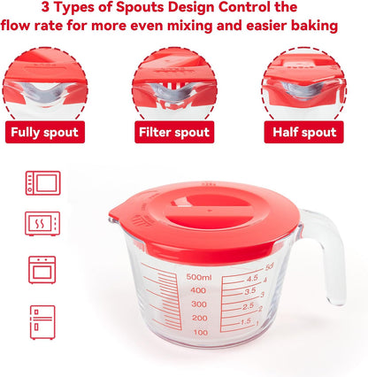 6 Pieces Glass Measuring Cups Set, 1-Cup, 2-Cup, 4-Cup with Lids