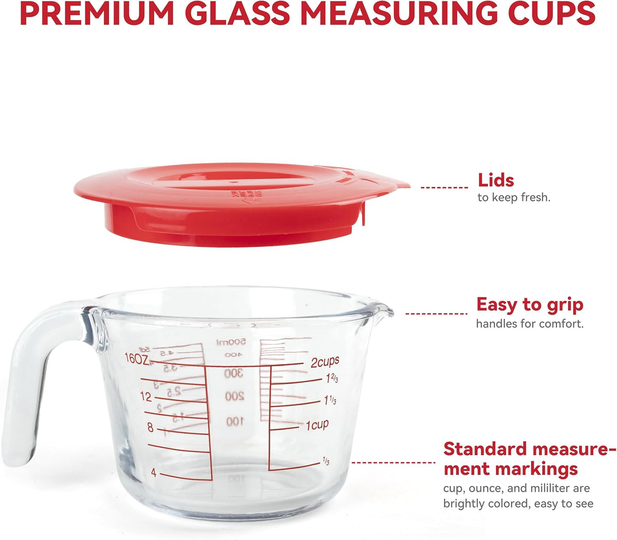 6 Pieces Glass Measuring Cups Set, 1-Cup, 2-Cup, 4-Cup with Lids