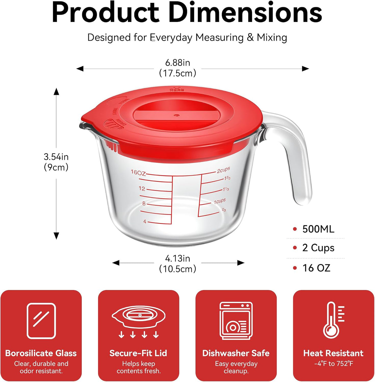 6 Pieces Glass Measuring Cups Set, 1-Cup, 2-Cup, 4-Cup with Lids