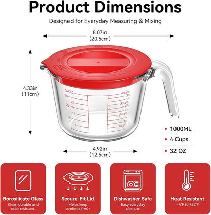 6 Pieces Glass Measuring Cups Set, 1-Cup, 2-Cup, 4-Cup with Lids